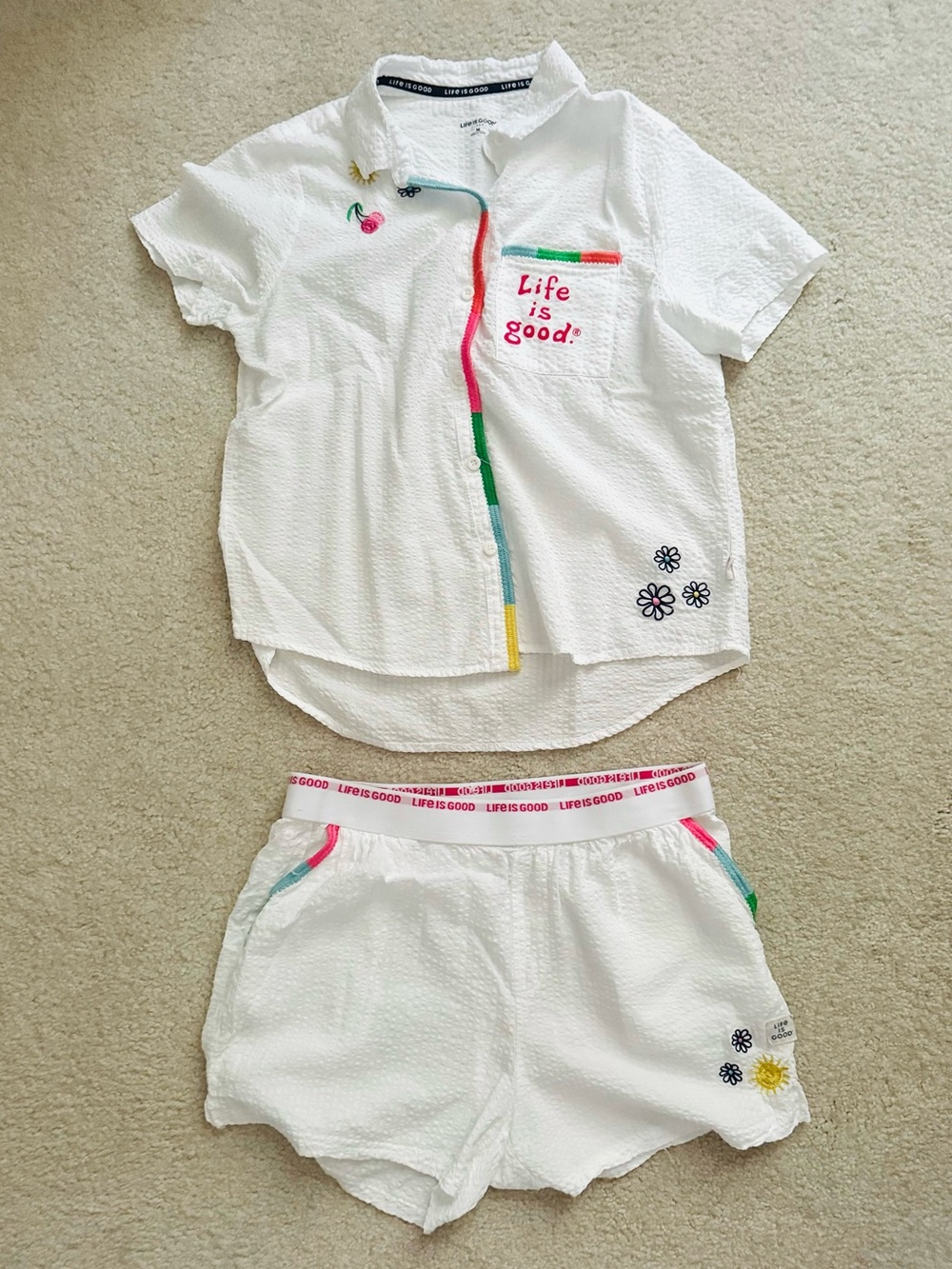 Life Is Good Sleep Set Seersucker Embroidered Rainbow Pajama Top & Shorts White
